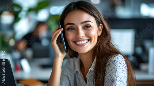 Content female manager multitasking with business call on mobile phone at her corporate office desk