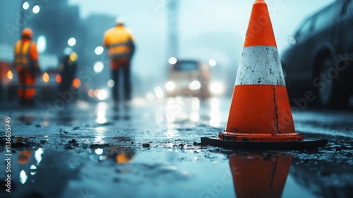 Close-up of a construction cone on a wet road, with blurred workers in the background, showcasing a construction site ambiance