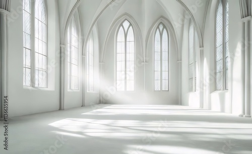 Bright white gothic hall with sunlight.