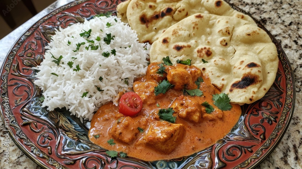 Butter Chicken with Rice and Naan on Indian Tray, Culinary Delight Butter Chicken with Rice and Naan on Indian Tray, Culinary Delight