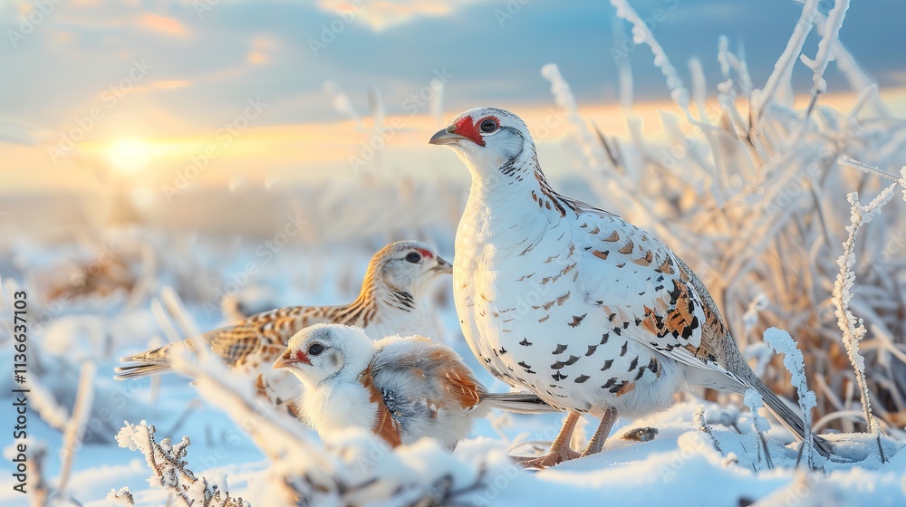 A beautiful moment in winter as a white pheasant stands protectively beside its two chicks amidst a snowy landscape at sunrise. A beautiful moment in winter as a white pheasant stands protectively beside its two chicks amidst a snowy landscape at sunrise.