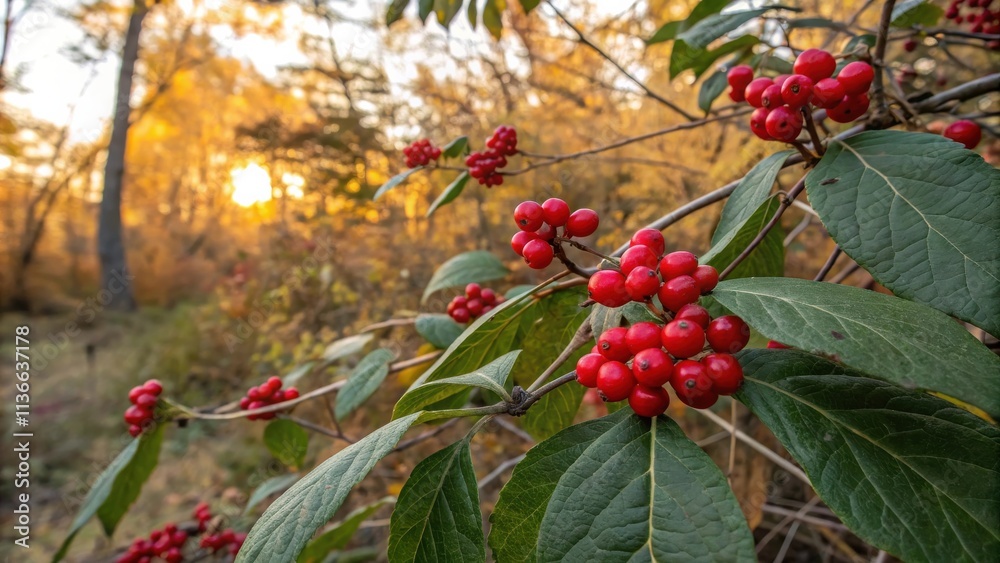 Obraz premium Vibrant red berries clustered on a branch amidst a backdrop of blurred autumn foliage, highlighting the beauty of nature's seasonal transformation.