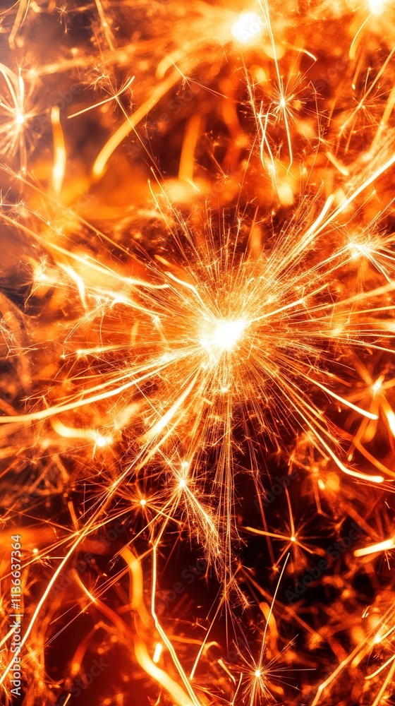 A vibrant close-up of sparkling firework sparks, showcasing bright orange and yellow hues with dynamic, radiant trails.