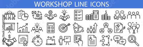 Workshop set of web icons in line style. Business Workshop icons for web and mobile app. Containing team building, teamwork, coaching, meeting, managing, coaching, motivation and more