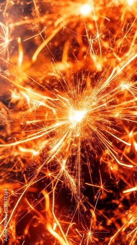 A vibrant close-up of sparkling firework sparks, showcasing bright orange and yellow hues with dynamic, radiant trails.