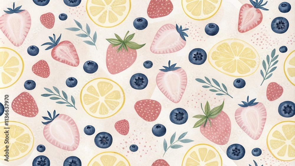 A watercolor illustration of a seamless pattern featuring lemons, strawberries, and blueberries on a light background