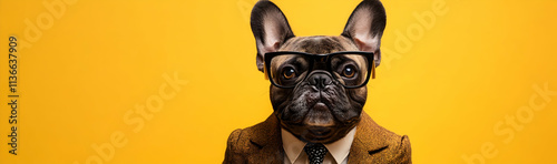 Cool-looking French bulldog wearing a funky jacket, tie, and glasses, posing as a supermodel