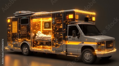 A futuristic ambulance equipped with an AI medical assistant that stabilizes patients in transit. The glowing interface allows paramedics to monitor vitals and communicate with hospital staff  photo