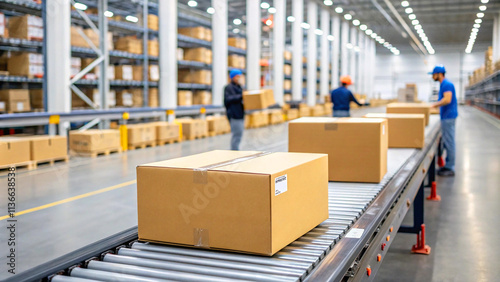 Large warehouse interior, conveyor belt system, cardboard boxes, workers in blue uniforms, industrial shelving, logistics center, automated sorting, e-commerce fulfillment, bright lighting
