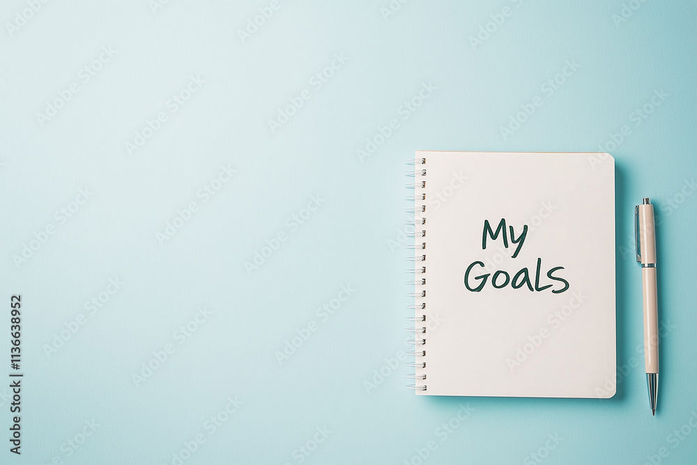 The notepad says “my goals” on a blue background. Concept: the beginning of a new year with new goals and plans. Notepad with pen.