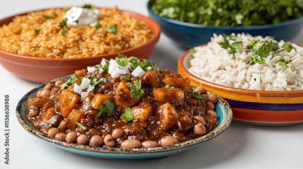 Delicious flat lay of mexican mole dishes with rice and beans vibrant kitchen setting culinary Delicious flat lay of mexican mole dishes with rice and beans vibrant kitchen setting culinary