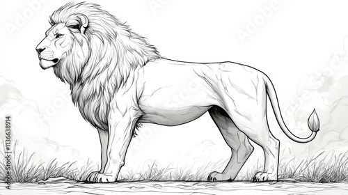 Majestic male lion standing in profile, detailed line art illustration. photo