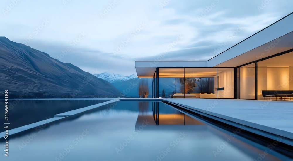 Modern lake house with infinity pool, mountain view. Modern lake house with infinity pool, mountain view.