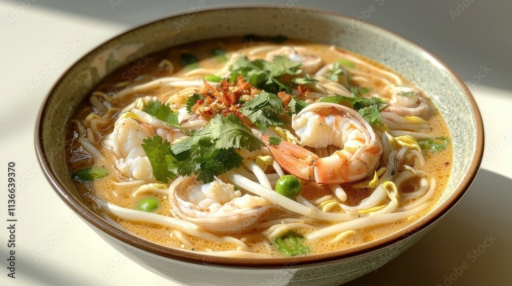 Delicious flat lay of malaysian laksa with noodles kitchen table food natural lighting culinary delight Delicious flat lay of malaysian laksa with noodles kitchen table food natural lighting culinary delight