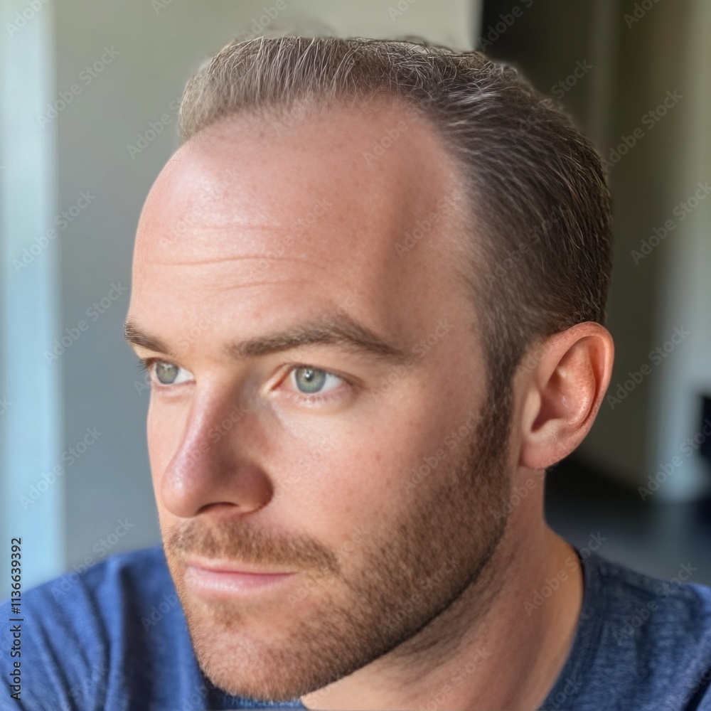 Fototapeta premium Portrait of a man with receding hairline. Concept of baldness, hair loss, hair transplant and hair grafts