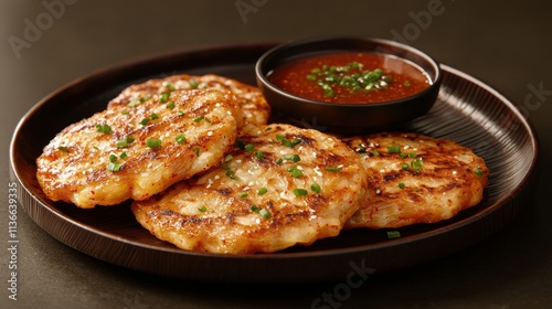 Delicious flat lay korean kimchi pancakes with dipping sauce home kitchen food warm lighting culinary delight