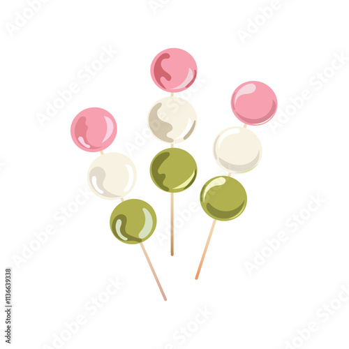 Сhewy three coloured dumplings on skewers. Japanese traditional dessert. Dango vector illustration isolated on white background.