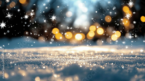 Snow with bokeh lights creating a magical winter atmosphere and shimmering details