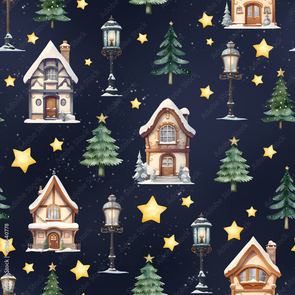 Fototapeta premium Christmas Holidays repeat pattern | Xmas tree seamless pattern | Stars sparkle background.