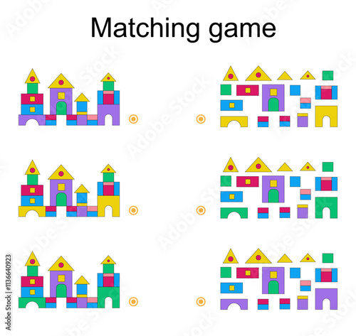 Matching game for kids. Find the correct color of cartoon castle and match.