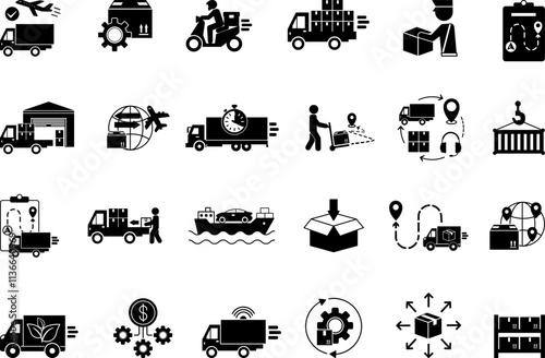 Black Logistics Icon Set. Vector Icon Delivery, Customs Clearance, Inventory, Loading, Distribution, Packaging, Warehouse, Import, Export, Transportation, Planning, Cargo and Others