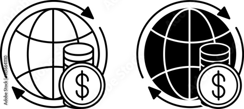Economy Icons. Black and White Vector Illustrations. Globe and Dollar Coins. Society Sector Concept