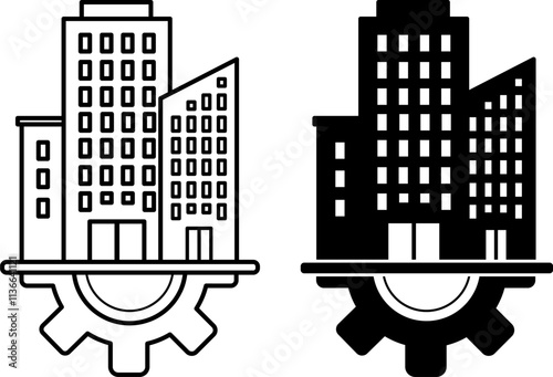 Infrastructure Icons. Black and White Vector Illustrations. High Rise Buildings and Gear. Buildings and City. Society Sector Concept