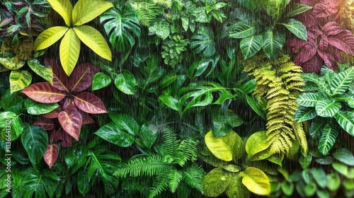 Lush Green Living Wall, Tropical Rainforest Plants Flourishing Under Monsoon Rainfall photo