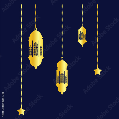 hanging golden color Arabic traditional Ramadan Kareem lantern collection set. Eid Fitr or Adha Mubarak lamp Greeting star gold symbol Outline line icon Vector Illustration