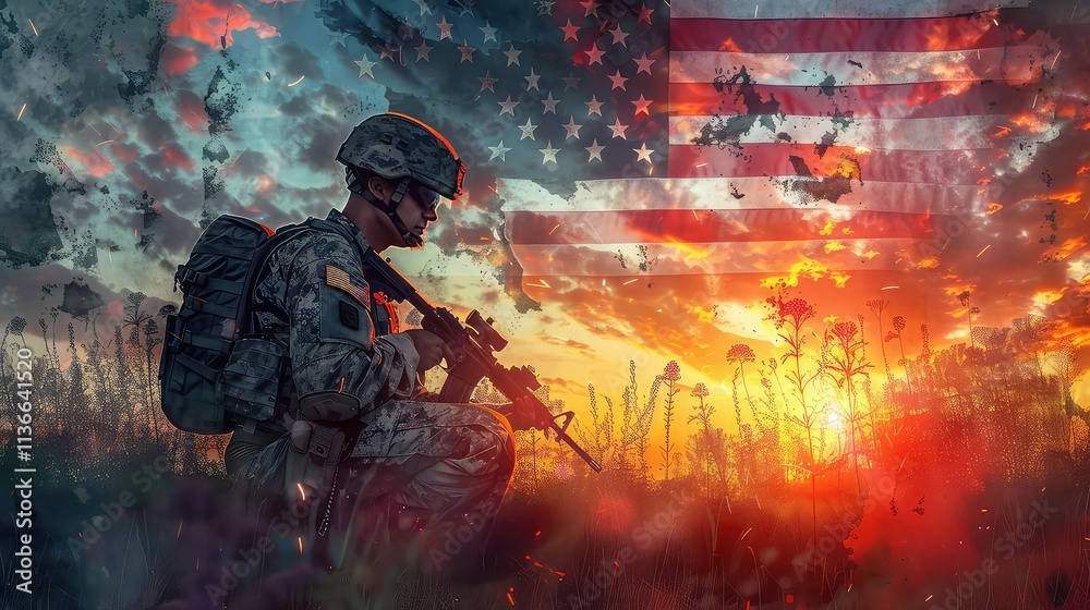 Soldier and USA flag on Sunrise Background, Happy Memorial Day, concept Holiday Soldier and USA flag on Sunrise Background, Happy Memorial Day, concept Holiday