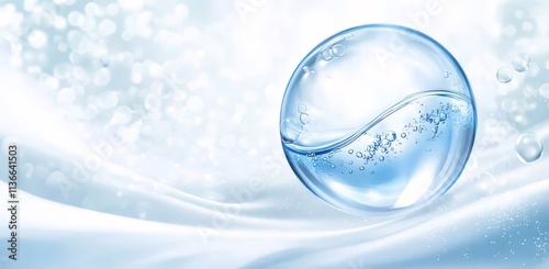 Crystal sphere with water, bubbles, and soft background.