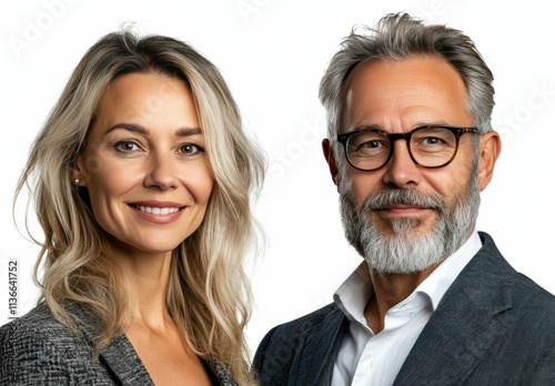 Duo business partnerships man and woman standing together in front of plain white background, pose confidently, symbolizing power of partnership and mutual respect. photo