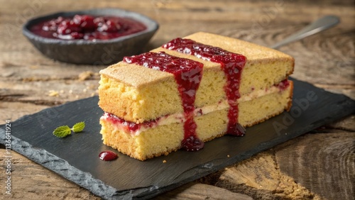 Wallpaper Mural A slice of layered cake with a thick layer of berry topping on a rustic wooden surface Torontodigital.ca