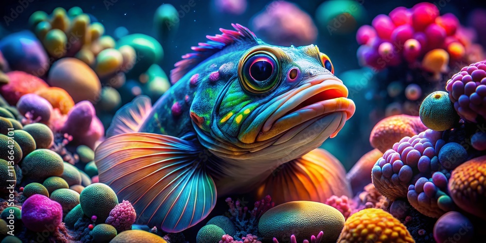 Fototapeta premium Surreal Jawfish Photography: Underwater Dreamscape, Bizarre Fish, Ocean Fantasy, Aquatic Surrealism, Jawfish Portrait