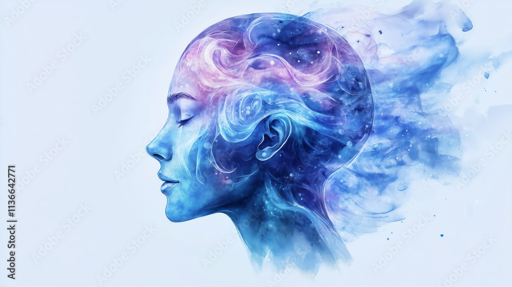 A human head in profile, filled with watercolor splashes resembling flowing ideas, soft blues and purples, minimal and inspirational design A human head in profile, filled with watercolor splashes resembling flowing ideas, soft blues and purples, minimal and inspirational design