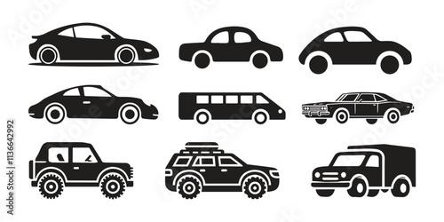 Car icons set. Model automobile. Vector black and white  illustration
