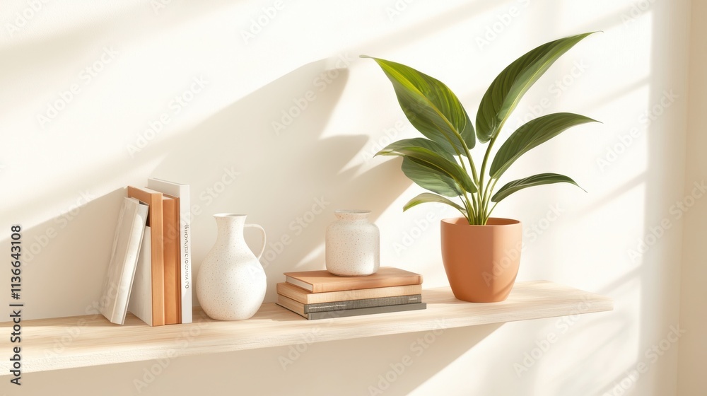 Elegant minimalist home decor items on shelf bright room interior natural light tranquil atmosphere Elegant minimalist home decor items on shelf bright room interior natural light tranquil atmosphere
