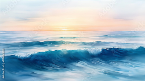 Watercolor waves gently blending into a calm horizon, soft pastel tones, minimal composition symbolizing peace and serenity