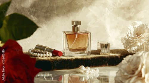 Luxurious beauty flat lay with perfume lipstick and pearls elegant setting aesthetic presentation
