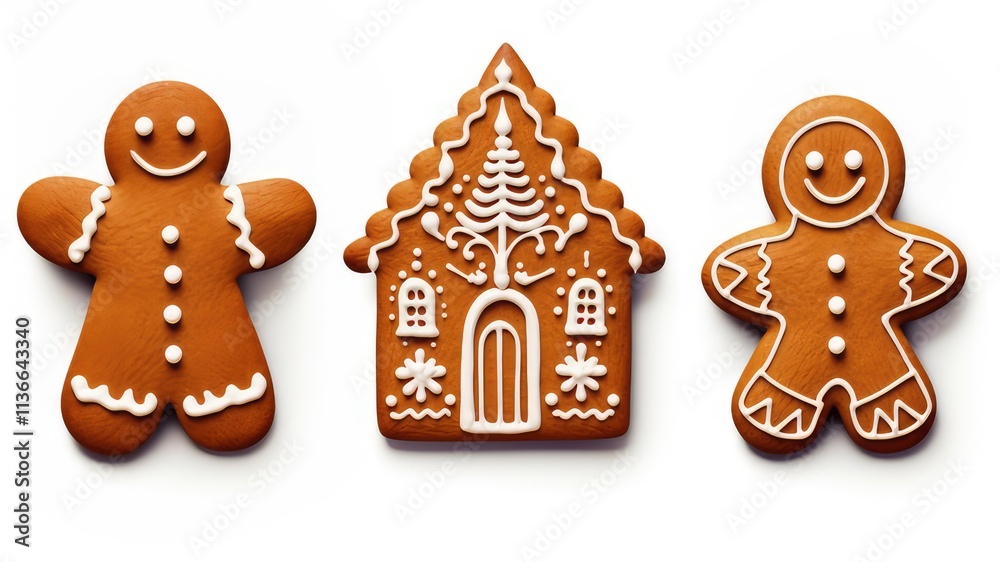 Fototapeta premium Christmas cookies. two gingerbread men and a gingerbread house. isolated elements on a white background