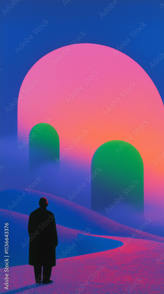Naklejka premium Memory reset in a glowing city square under a vibrant twilight sky with abstract arches
