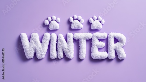 the inscription Winter on a lilac background. Snow-covered letters and traces of cat paws. snow text style effect