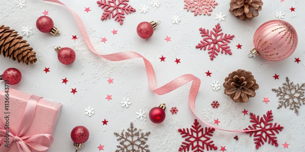 Obraz premium A Festive Christmas Flat Lay with Pink and Red Ornaments, Glitter Snowflakes, and a Wrapped Gift Box with a Pink Bow