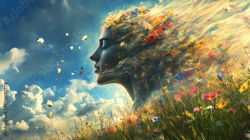 Zephyr zephyrus god of winds blowing spring whispering on a colorful vivid colors flowers field. Zephyrine. Illustration photo