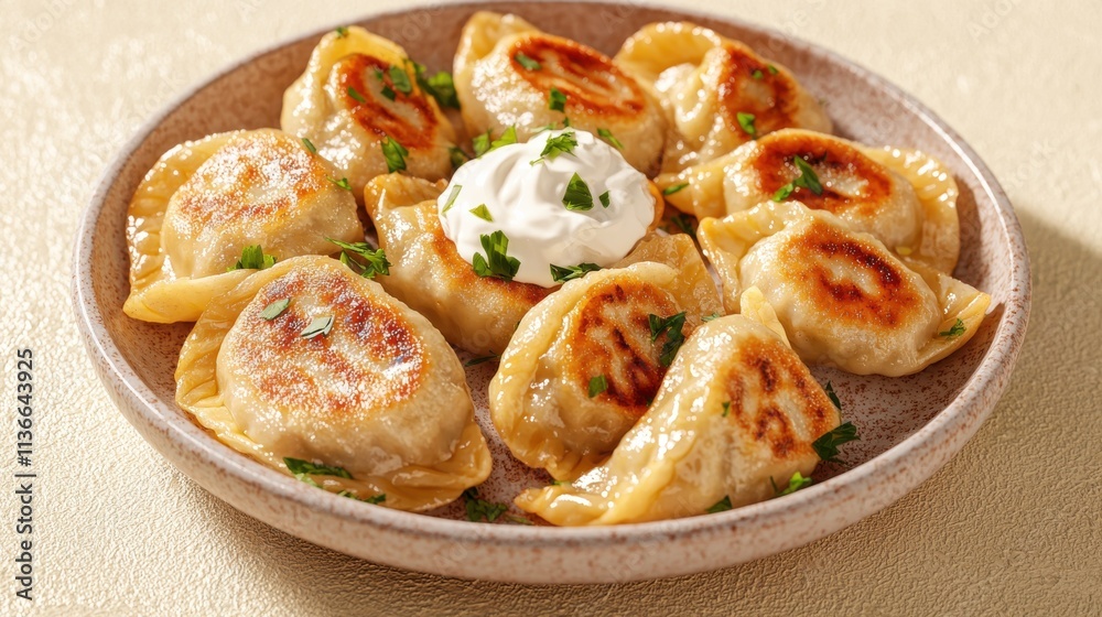 Crispy flat lay of russian pelmeni dumplings with sour cream kitchen table food cozy ambiance culinary delight