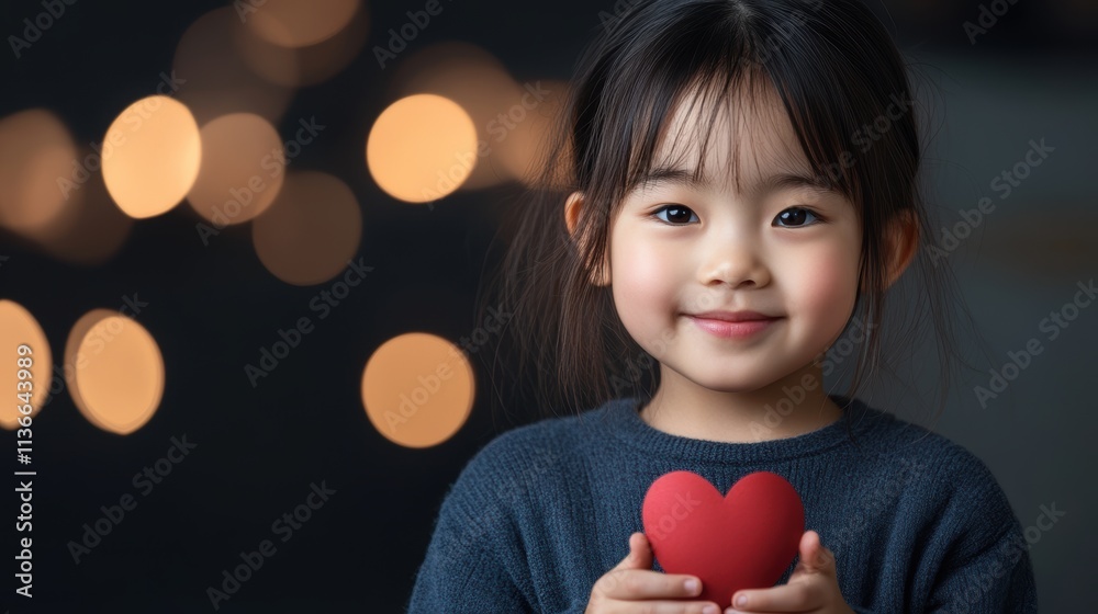 A young girl holds a red heart-shaped object against a soft bokeh background, radiating warmth and joy, This image can be used for themes of love, childhood, or family in various marketing materials, A young girl holds a red heart-shaped object against a soft bokeh background, radiating warmth and joy, This image can be used for themes of love, childhood, or family in various marketing materials,