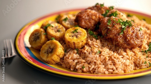 Delicious nigerian jollof rice with plantains home setting food warm atmosphere close-up view culinary culture