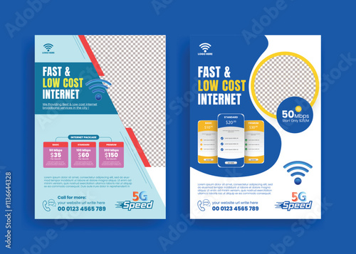 Set of Editable print-ready poster or flyers for Broadband internet and telecommunications service and Internet provider and Internet offer price leaflet or brochure cover template design
