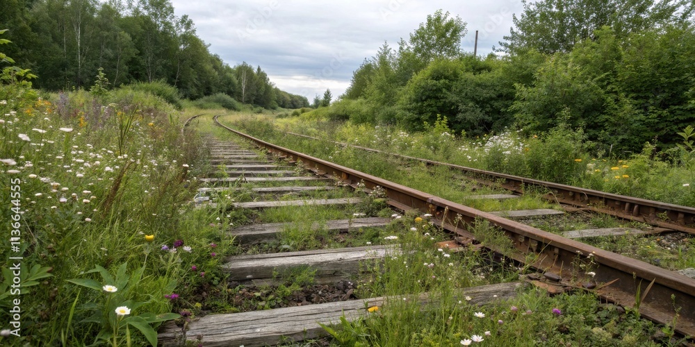 The overgrown train tracks vanish into a lush green forest, creating an ethereal landscape of nature reclaiming its domain The overgrown train tracks vanish into a lush green forest, creating an ethereal landscape of nature reclaiming its domain
