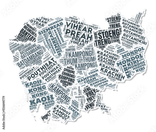 Cambodia shape text cloud. Country border with shadow on white background. Cambodia with regions division in vintage gazette style. Classy vector illustration.